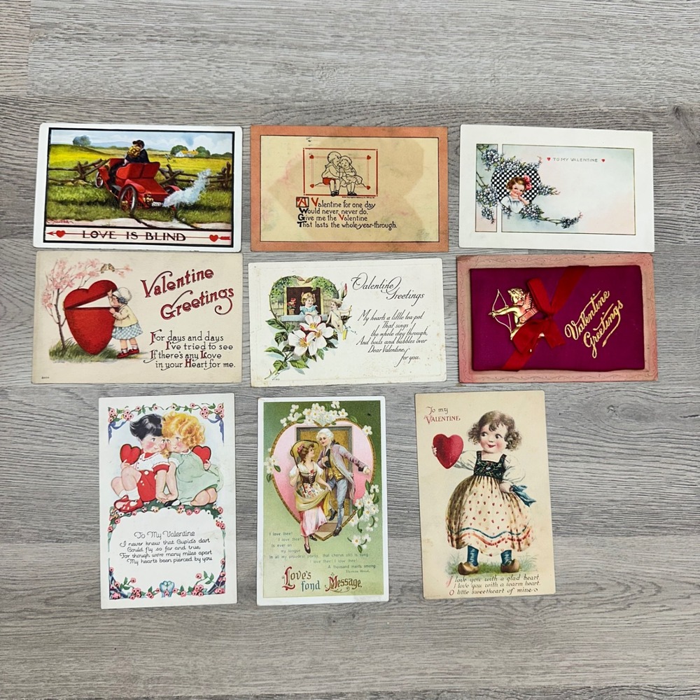 Antique Valentine Postcard Lot of 9 Vintage Multi-Color Victorian Ephemera